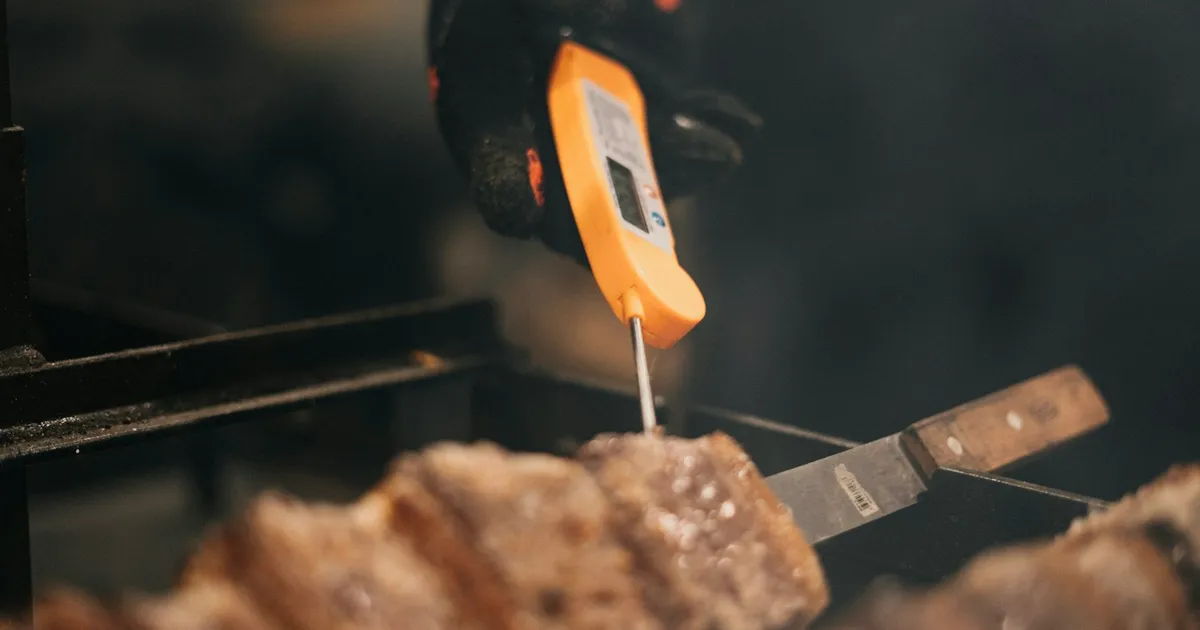 Gloved hand checking meat temperature with a probe thermometer